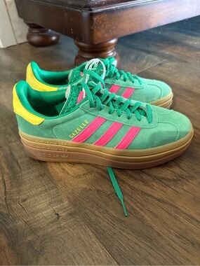 adidas Green Suede Gazelle Sneakers with Pink Stripes and Yellow Heel